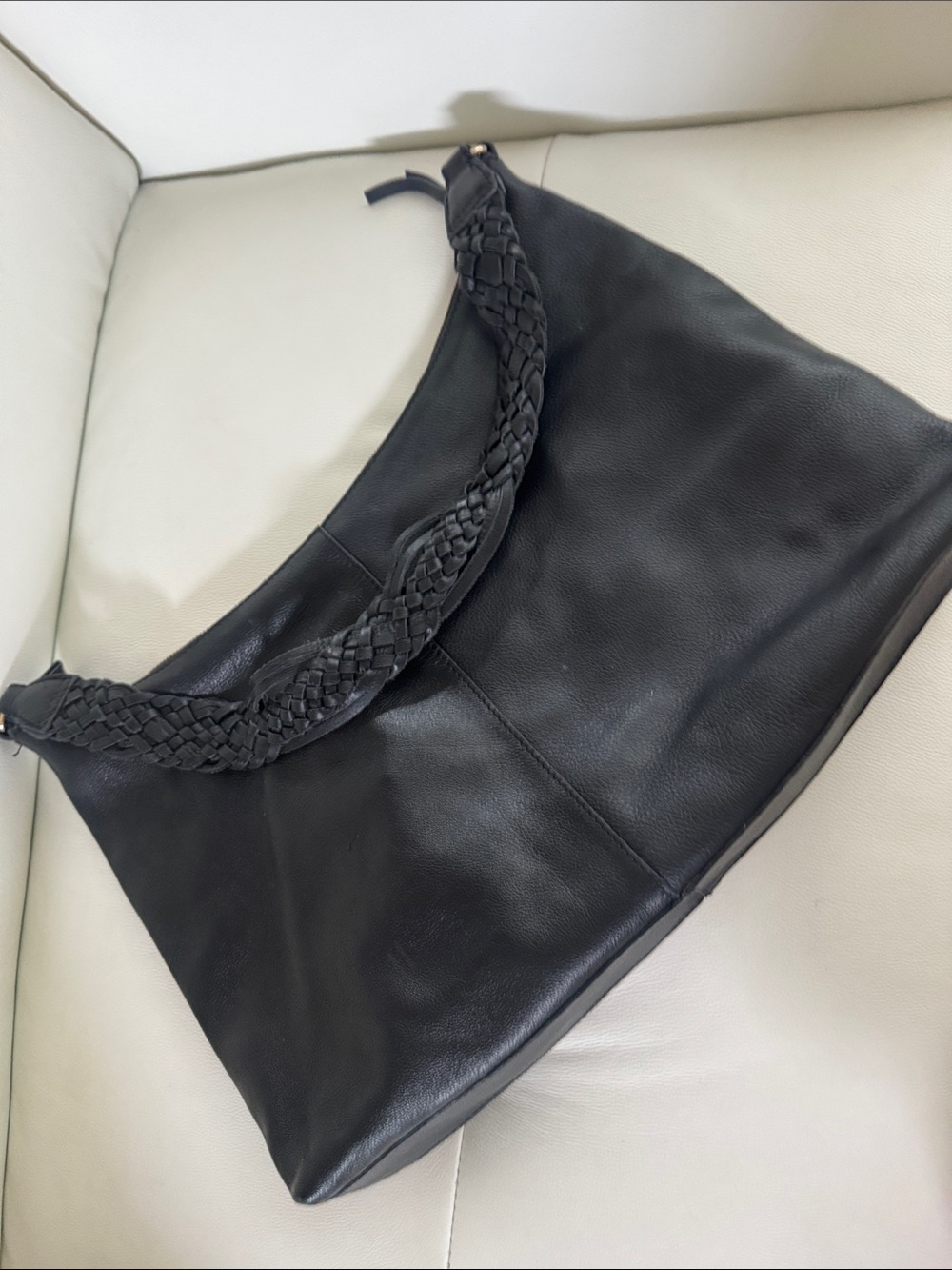 Classic Black Leather Shoulder Bag with Braided Handle
